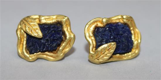 A pair of Portuguese 800 standard gold and jagged lapis lazuli? set earrings, (post 1985 mark).